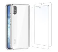 NEW'C Cover per Xiaomi Redmi 9A + 2x Pellicole Vetro Temperato Trasparente | Cover + 2x Pellicole Schermo, 6,53 Pollici, Durezza 9H, Antiurto, Antigraffio, Raised Edges, Sottile, Anti-impronta