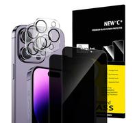 NEW'C Pellicola Vetro Privacy per iPhone 14 Pro Max, Protezione Fotocamera | Set da 4, 2x Vetri Temperati + 2x Protezioni Fotocamera, Nero, Vetro Privacy, Durezza 9H, Privacy 28°