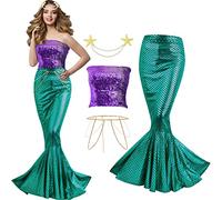 Newcotte 4 pezzi costume da sirena per donna paillettes coda gonna paillettes sirena tubo superiore perla vita catena testa catena catena per Halloween, cosplay, S