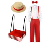 Newcotte Costume da cameriere anni '50 per Halloween, 6 pezzi, per uomo, inclusi vassoi per snack serali cinematografici, cappello, bretelle, camicia, pantaloni, papillon