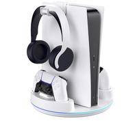 NEWDERY per PS5/PS5 Slim/PS 5 Pro Stand, stazione di ricarica doppio controller con luce RGB per PlayStation 5, supporto verticale per Playstation 5 Digital/Disc Console, bianco