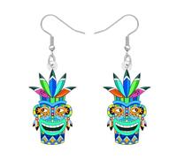 NEWEI Acrilico Hawaiano Stile Floreale Tribale Tiki Maschere Orecchini Pendenti Vintage Boho Quirky Faccia Orecchini Polinesiani Bohemian Gioielli Regali per le Donne Ragazze Luau Party (Blu)