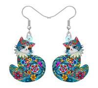 NEWEI Orecchini pendenti a forma di gatto in acrilico con motivo floreale, per donne, divertenti animali, gattini, animali domestici, design bohémien, idea regalo per amanti dei gatti e mamma, Medium