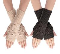 Newellsail 2 Paia di Guanti Senza Dita Guanti Termici Invernali Caldo a Maglia Guanti con Foro per Pollice Moda Guanti da Polso a Maglia per Donne e Ragazze (Beige e Grigio Scuro)
