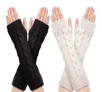 Newellsail Guanti Senza Dita Caldo a Maglia Guanti Donna Termici Invernali A Maglia Guanti Senza Dita Braccio Elastico Guanti Caldi Lunghi 2 Paia (Bianco e Grigio Scuro)