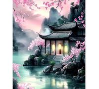 NEWENMO Architettura Cinese Dipingere con i Numeri Kit,Fiori di Ciliegio Paint by Numbers Adulti,Set di Pittura con Numeri,Dipingi con i Numeri Adulti,Kit di Pittura a Olio,per Decora Casa 40x50cm