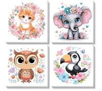 NEWENMO Set di 4 Pezzi Dipingere con i Numeri Bambini con Cornice,Dipingi con i Numeri Bambini 6-8-12 Anni,Motivo Gattino Elefante Gufo Tucano,DIY Pittura Acrilica per Decorazione della Casa 20x20cm