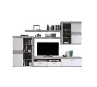 NEWFACE Forte Zumba Mobile da Soggiorno con 2 Ante, 1 Anta in Vetro, 2 cassetti e 1 ribalta Inclusa Illuminazione LED, in Legno, Effetto Cemento/Bianco, 300 x 41 x 200,90 cm