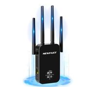 NEWFAST Ripetitore WiFi Potente per Casa, 1200Mbps WiFi Extender Dual Band 2.4GHz/5GHz con 4 Antenne ad Alto Guadagno, Porta Ethernet, WPS, Display Intelligente, Supporta 3 Modalità(Nero)