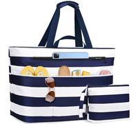NEWIROVE Borsa Mare Grande Borsa Spiaggia Donna XXL Famigli Impermeabile Beach Bag Con Zip Pieghevole Borsa Da Spiaggia Multitasche Tote Bag Per Spiaggia, Viaggio, Vacanza. 50L, Strisce bianche-blu