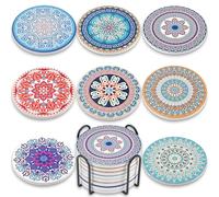 Newk Sottobicchieri per bevande, set di 8 sottobicchieri assorbenti in ceramica con supporto in metallo, motivo mandala leggero colorato per tavolino, ottimo regalo di inaugurazione della casa