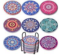 Newk Sottobicchieri per bevande (set di 8), sottobicchieri assorbenti in marmo ceramico con supporto in metallo, 4 pollici 8 diversi modelli di mandala, adatti per tavolo in legno e tipi di tazze