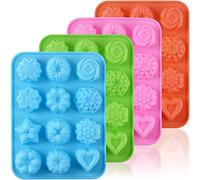 Newk Stampo in silicone a forma di fiore per cioccolato, 12 cavità, per feste, festival e artigianato fai da te, confezione da 4, verde, blu, rosa, arancione