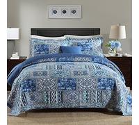 NEWLAKE Set copriletto in cotone, reversibile, set copriletto patchwork, blu classico motivo bohémien, queen size
