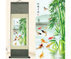 Newscz Arte da Parete Asiatica Decorazione Chinoiserie Dipinto su Pergamena di Seta Poster Artistico Bambù Porta Buone Notizie Arte Murale di Bambù per Soggiorno Casa Asiatica Decorazione Orientale