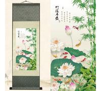 Newscz Arte da parete asiatica per camera da letto e cucina, dipinti di pergamena in seta con temi di bambù, fiori di loto, 91,4 x 30,5 cm