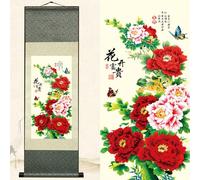 Newscz Decorazione artistica da parete in stile asiatico, verticale, decorazione artistica da parete, per soggiorno, piante, fiori, prosperità, peonie, attrarre farfalle, pergamena in seta, poster