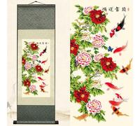 Newscz Decorazione da parete per soggiorno, arte asiatica da parete in seta, dipinti con carpe koi, peonia, immagini su tela per appendere alla parete, arazzo da parete, immagini per corridoio, camera