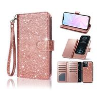 Newseego Compatibile con iPhone 14 PRO Max [6.7 Pollici] Custodia in Pelle, Glitter Faux PU Magnetico Slot Multi-Card Custodia Protettiva per Portafoglio Staccabile con Cinturino da Polso-Oro Rosa