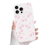 Newseego Custodia Trasparente per iPhone 16 Pro Max, Carino Rosa Forma Cuore Ciliegia & Fiocco Motivo per le Ragazze Donne Sottile Morbido TPU Protezione Telefono Antiurto per iPhone 16 Pro Max