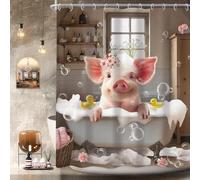 Newsely Divertente tenda da doccia con maiale 152 x 182 cm (larghezza x lunghezza) con animali rustici nella vasca da bagno graziosa tenda da doccia country occidentale set da bagno rosa floreale