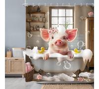 Newsely Divertente tenda da doccia con maiale 152 x 182 cm (larghezza x lunghezza) con animali rustici nella vasca da bagno graziosa tenda da doccia country occidentale set da bagno rosa floreale