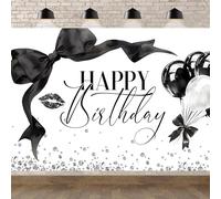 Newsely Fiocco nero Buon Compleanno Banner Sfondo 7Wx5H Fotografia Ragazze Coquette Decorazioni di compleanno Nero Bianco Bowknot Palloncini Sfondo Donne Addio al nubilato Festa Foto Booth Puntelli