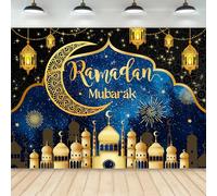Newsely Ramadan Mubarak Sfondo 7Wx5H Fotografia Eid Al-Adha Religione per Ramadan Banner Festa Religiosa Sfondo Luna Nero Oro Blu Decorazioni per feste Banner Photo Booth Puntelli Forniture