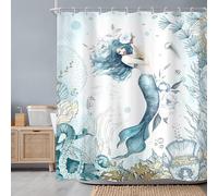 Newsely Tenda da doccia a forma di sirena, 183 x 182 cm (larghezza x altezza), motivo nautico, oceano, polipo, corallo, pesce subacqueo, conchiglie, meduse, set da bagno, impermeabile, decorazione per