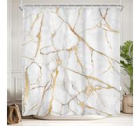 Newsely Tenda da doccia in marmo bianco e oro, 152 x 182 cm (larghezza x altezza), astratto, moderno, crepa, struttura di lusso, inchiostro liquido, geometrico, set da bagno, accessori per la