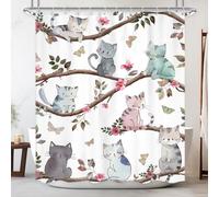 Newsely Tenda da doccia per bambini con gatto divertente 152,4 cm L x 182,9 cm L pollici carino animale cartone animato animale domestico gattino rosa floreale fiore tenda da doccia set da bagno