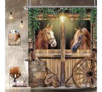 Newsely Tenda da doccia stalla con cavallo occidentale 152 x 182 cm per fattoria porta da fienile cowboy selvaggio West foglie verdi tenda da doccia set da bagno vecchie ruote in legno accessori per