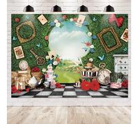 Newsely Wonderland Tea Party Photo Sfondo 8Wx6H Fotografia Key Hold Scacchiera Erba Verde Recinzione Decorazioni Sfondo per Neonato Baby Shower Fairy Castle Racconto Arazzo Banner Puntelli Forniture