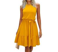 Newshows Donna Estate Collo a Fiori Modello Abiti per Il Tempo Libero Senza Maniche Ruffles Abito da Spiaggia con Tasche(Giallo, M)