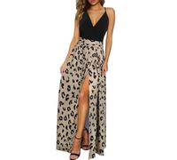 Newshows Donna Estate Profondo Scollo a V Leisure Spaghetti Dress Flower Print Split Maxi per Beach Party(Leopard 01,X-L)