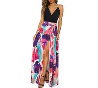 Newshows Donna Estate Profondo Scollo a V Leisure Spaghetti Dress Flower Print Split Maxi per Beach Party(Floral 04,L)