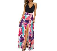 Newshows Donna Estate Profondo Scollo a V Leisure Spaghetti Dress Flower Print Split Maxi per Beach Party(Floral 04,S)