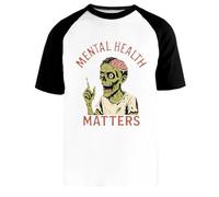 Newtee La Salute Mentale degli Zombie È Importante Maglietta da Baseball Bianca Unisex Manica Corta Nera Unisex White Baseball T-Shirt Black Short Sleeve