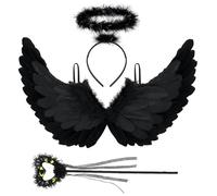 Newthinking Ali d'angelo e aureola per adulti, grandi ali di piume nere per Halloween, costume da fata d'angelo per cosplay, da donna, 80 x 42 cm