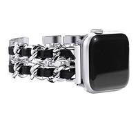 NewWays Cinturino per Apple Watch Serie 10 42 mm 41 mm 40 mm 38 mm Series9 8 7 SE 6 5 4 3, bracciale gioielli per iWatch Band da donna, argento link con pelle nera