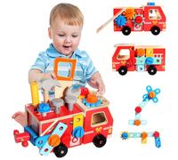 NewZC Banco da Lavoro per Bambini con Cassetta Attrezzi in Legno Camion dei Pompieri Gioco Costruzioni Bimbo - Giochi Legno Montessori 3 4 5 6 Anni Regalo Educativo per Maschio Femmina