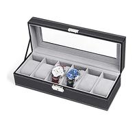 NEX 6 Slot Leather Watch Box Display Case Organizer Glass Jewelry Storage Black