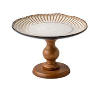 NexaGeniX Alzata for frutta in ceramica con piedistallo a coste, base in legno, piatto da portata rustico-chic for dessert, centrotavola Portafrutta da Cucina