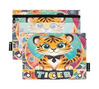 Nexawaveo Adorable Tigers - Set di 2 astucci multicolore per raccoglitori a 3 anelli, cerniera liscia, con finestra in PVC trasparente, per articoli scolastici