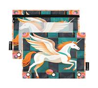 Nexawaveo Artdeco Pegasus - Set di 2 astucci geometrici per raccoglitori a 3 anelli, cerniera liscia, con finestra in PVC trasparente, astuccio per cancelleria scolastica