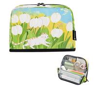 Nexawaveo Astuccio portamatite di grande capacità, 21,1 x 15 cm, motivo: gatto in stile cartone animato tra tulipani bianchi, astuccio per scuola, ufficio, viaggi