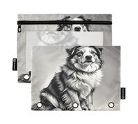 Nexawaveo Australian Shepherd Sketch - Set di 2 astucci per raccoglitori a 3 anelli, cerniera liscia, con finestra in PVC trasparente, astuccio per articoli scolastici