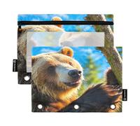 Nexawaveo Bear by Tree - Set di 2 astucci per raccoglitori a 3 anelli, con cerniera liscia e finestra in PVC trasparente, per articoli scolastici