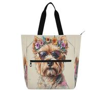 Nexawaveo Borsa impermeabile multiuso con cane del fumetto della chiusura lampo con il sacchetto della spesa del tessuto di Oxford 600D del fiore, Cane Incoronato Fiore Con Occhiali Da Sole Beige