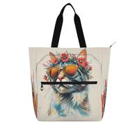 Nexawaveo Borsa impermeabile multiuso con cane del fumetto della chiusura lampo con il sacchetto della spesa del tessuto di Oxford 600D del fiore, Gatto Incoronato Fiori Con Occhiali Da Sole Beige